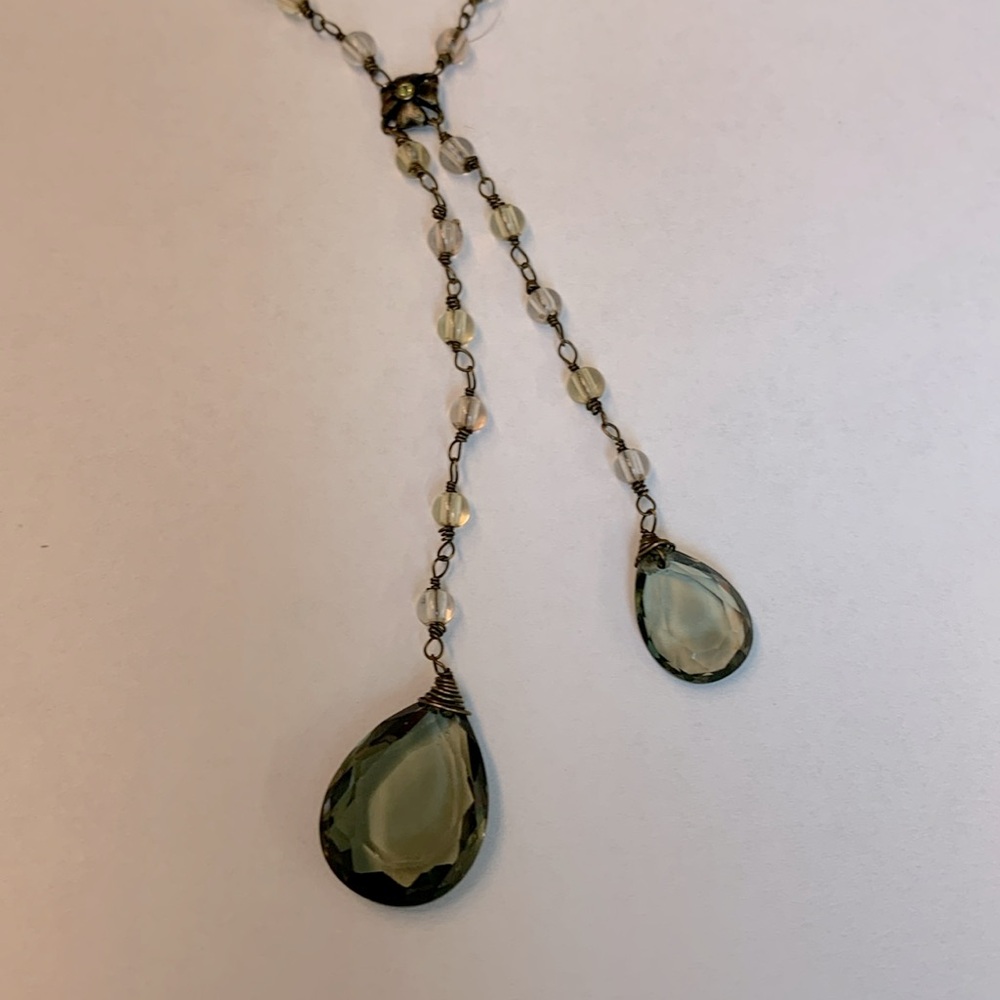 Beaded Lariat grey green brown tone dangle stone with antique gold clasp